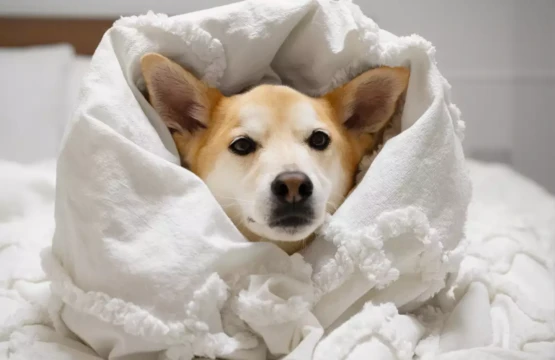 Perro shiba inu protegido del frio en cama